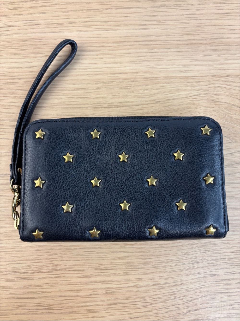 Fossil Black Star-Studded Leather Zip-Around Wristlet Wallet/Clutch